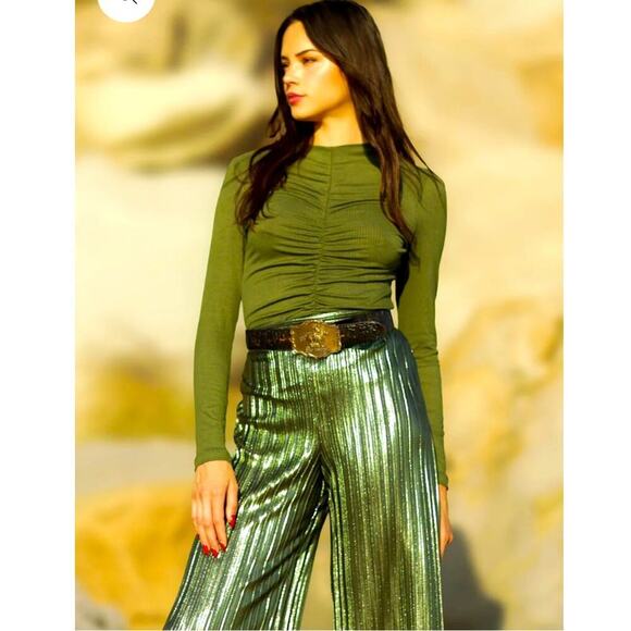 NWOT Nightcap Clothing green metallic pleated wide leg pants small pull on style - Picture 3 of 5